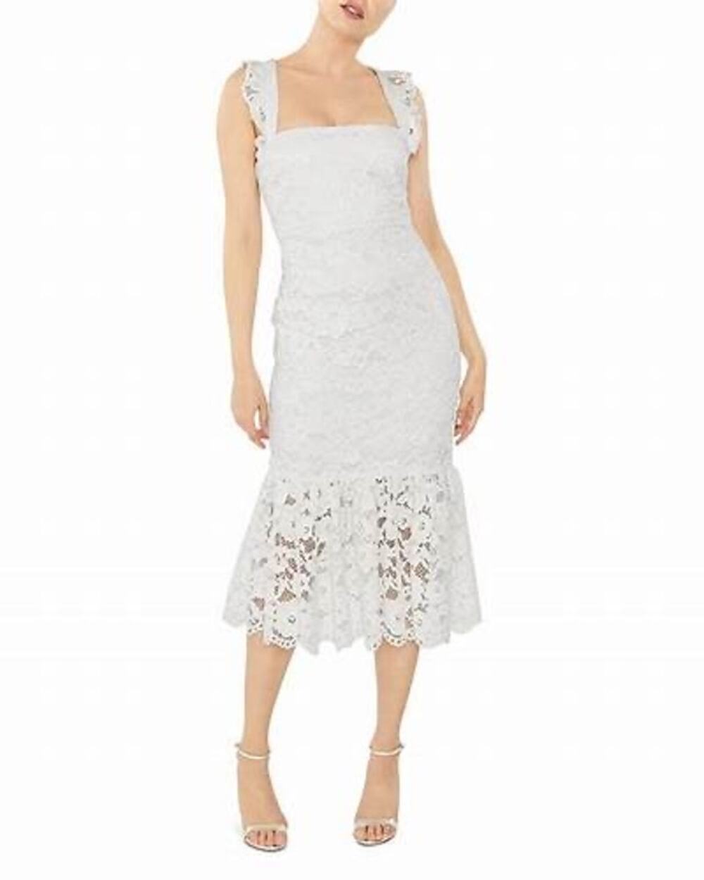 LIKELY White Lace Hara Flounce Hem Ruffled Square Neck Bridal Midi Dress Size 6